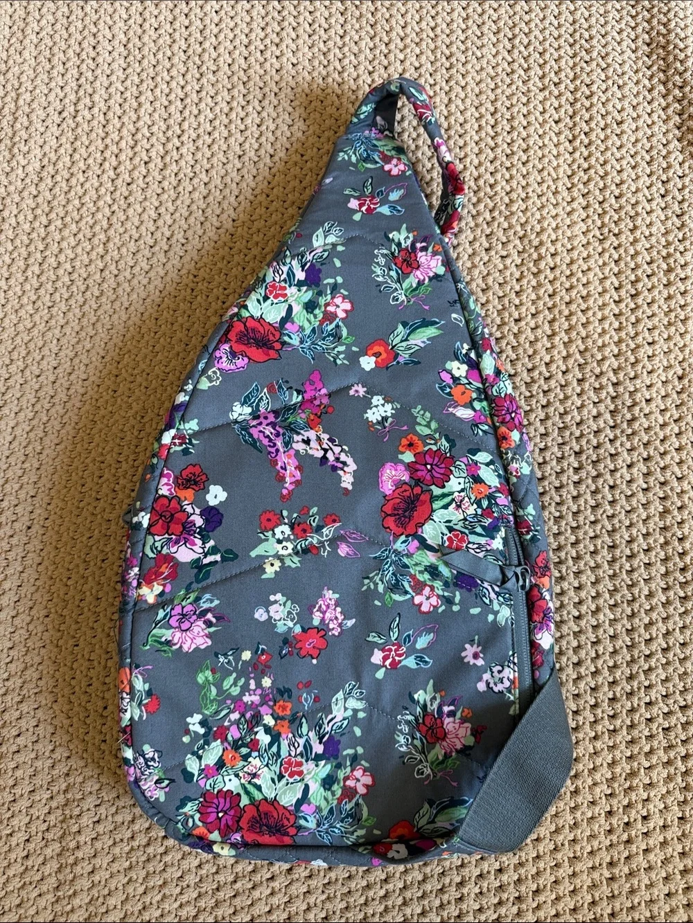 Vera Bradley Gray Quilted Floral Sling Backpack with Pink & Red Accents NWOT